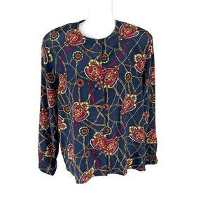 vintage Talbots silk blouse shoulder pads bold chain blue gold print button 16